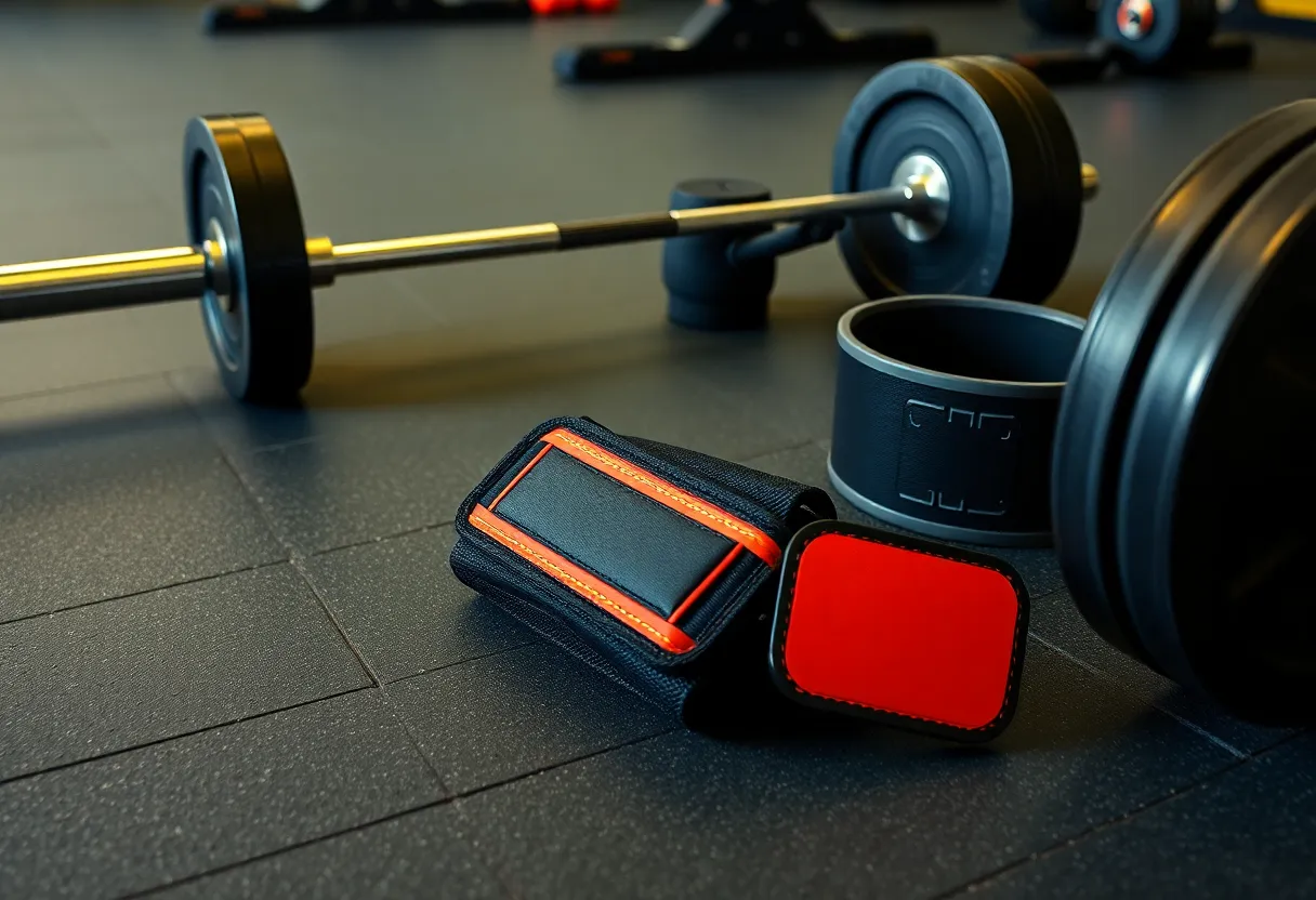 Close-up of powerlifting equipment including a squat bar, knee sleeves, and a lifting belt laid out on a gym floor