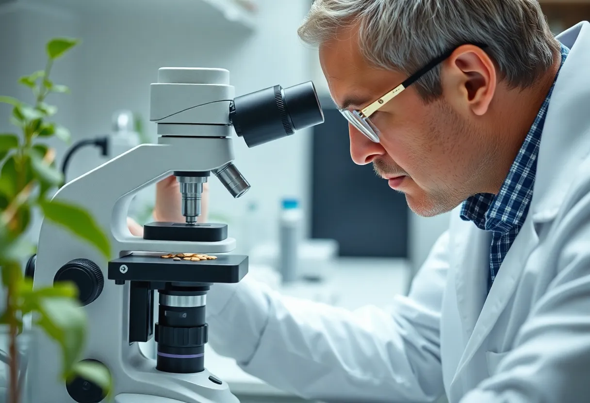 A scientist examining seed samples under a microscope in a plant genetics laboratory
