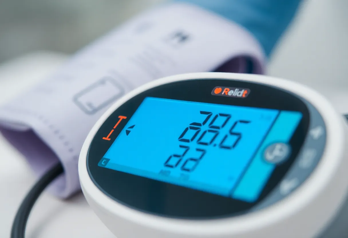 A digital blood pressure monitor display shown next to a clinical sphygmomanometer cuff