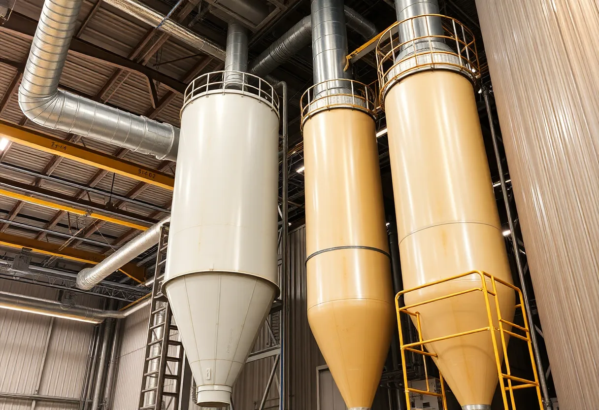 An industrial dust collection and ventilation system inside a grain elevator facility