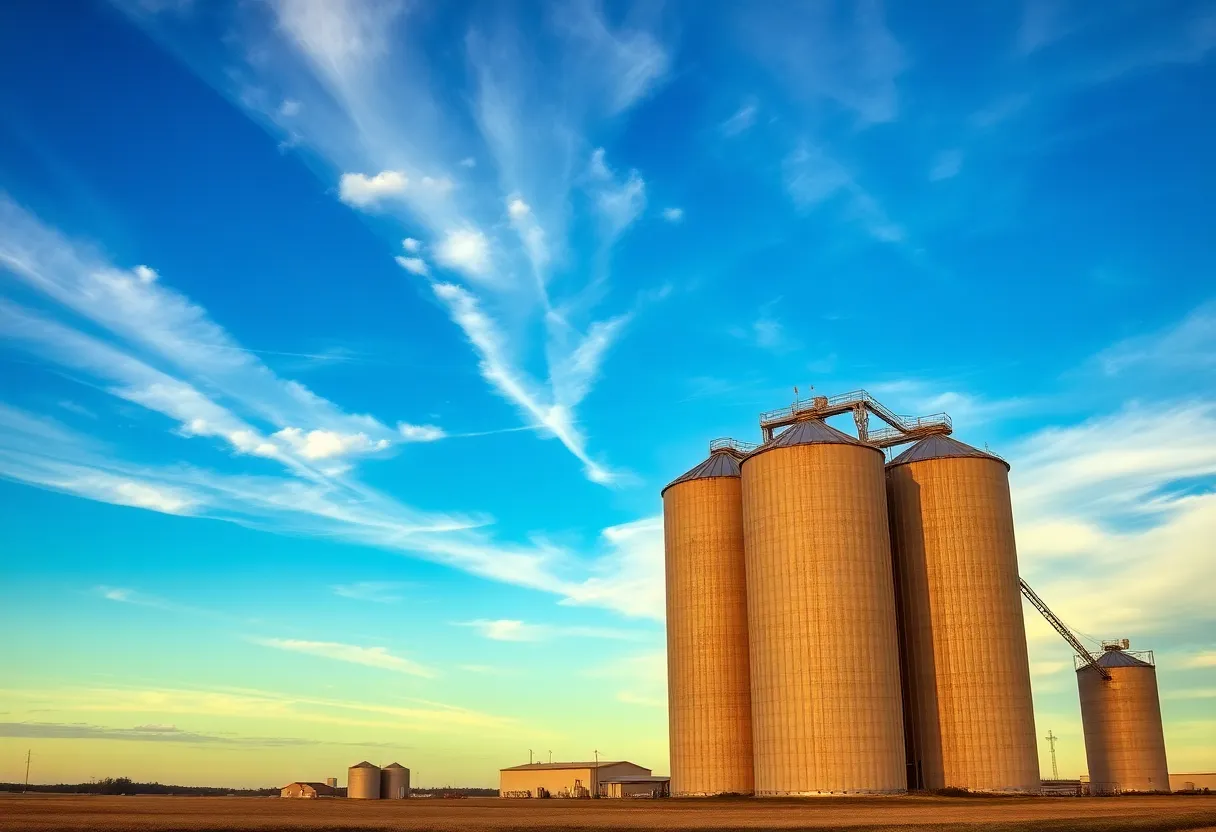 Tall grain elevator silos against a dramatic sky