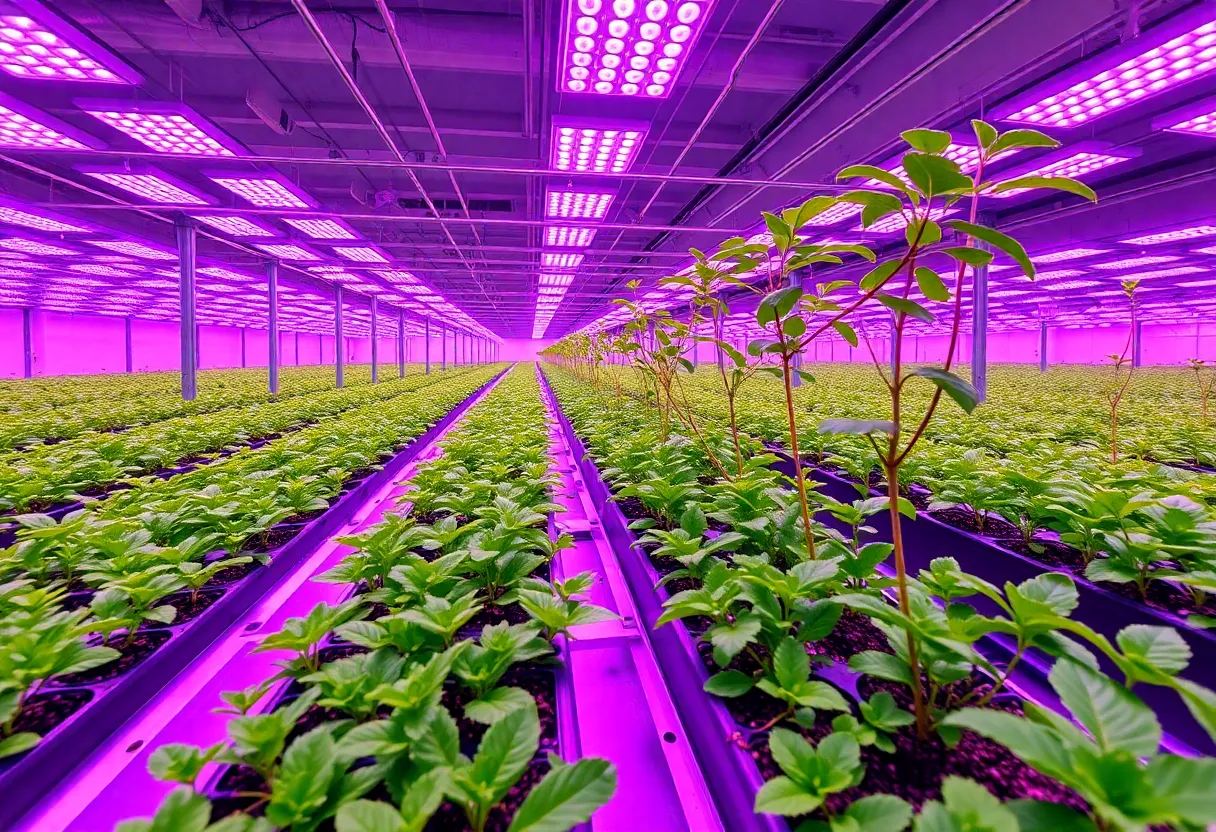Indoor vertical farming facility with rows of plants under purple LED grow lights