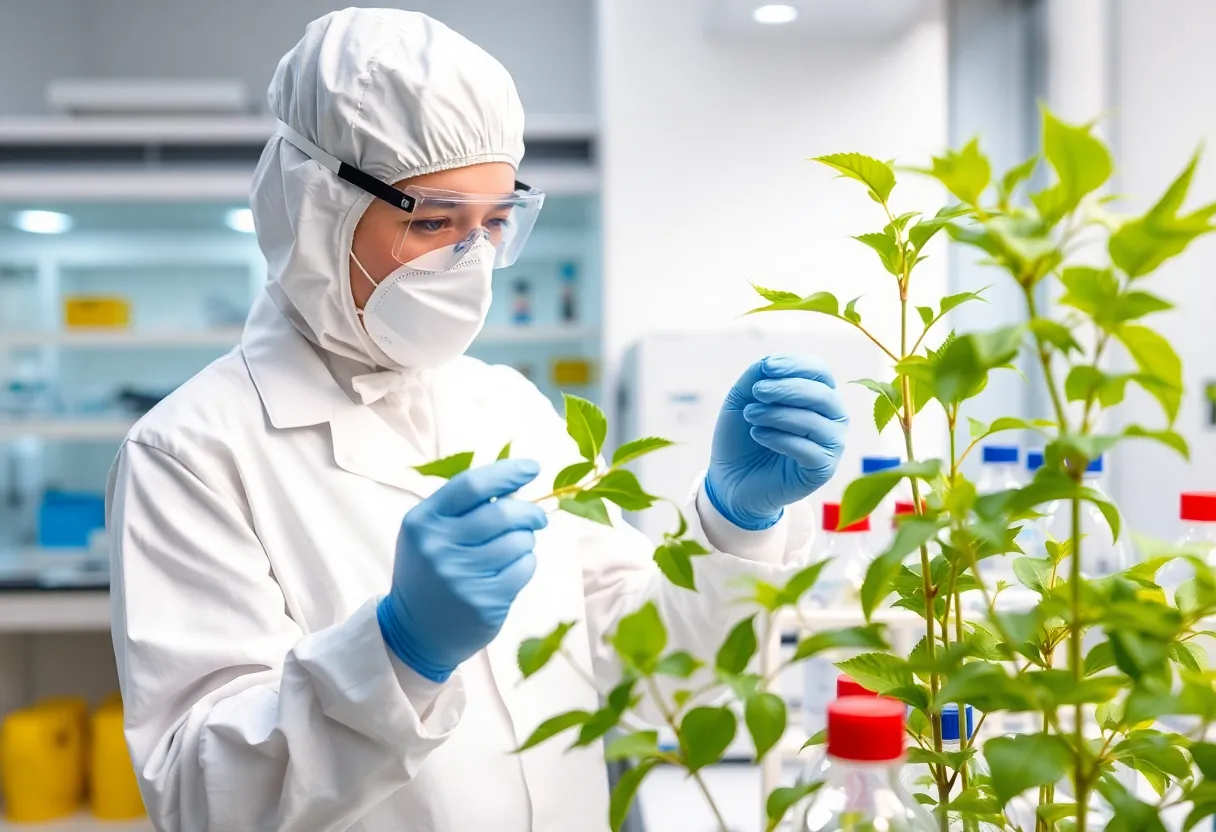 Lab technician in a cleanroom suit examining plant leaves for pharmaceutical compound extraction