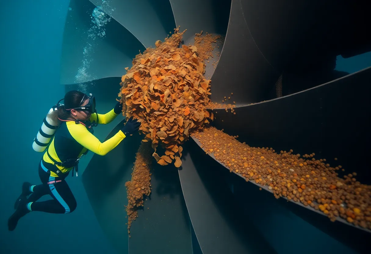 Divers inspecting and cleaning marine growth off a tidal turbine blade underwater