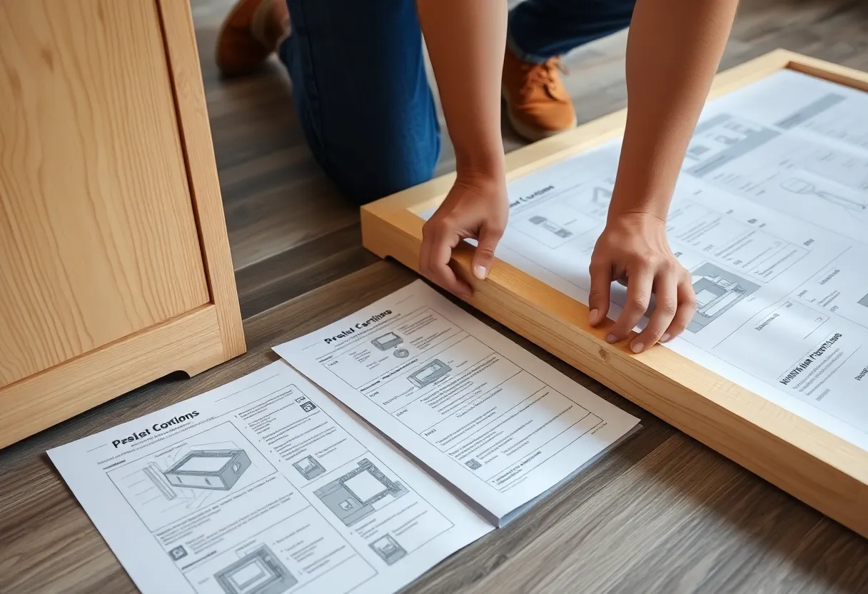 A person assembling flat-pack furniture on the floor with an instruction sheet and cam lock fasteners