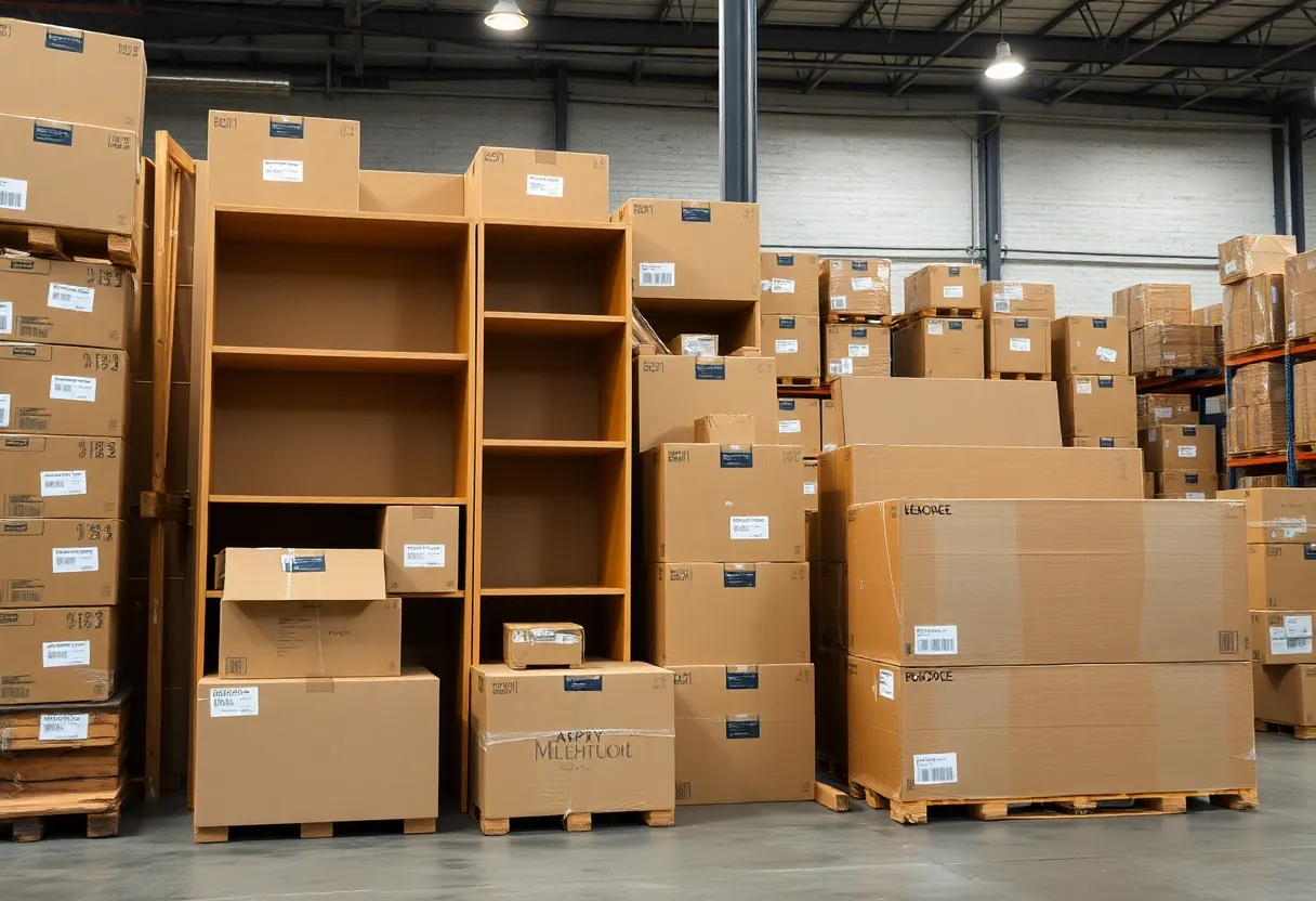Flat-pack furniture boxes stacked in a warehouse next to an assembled bookshelf