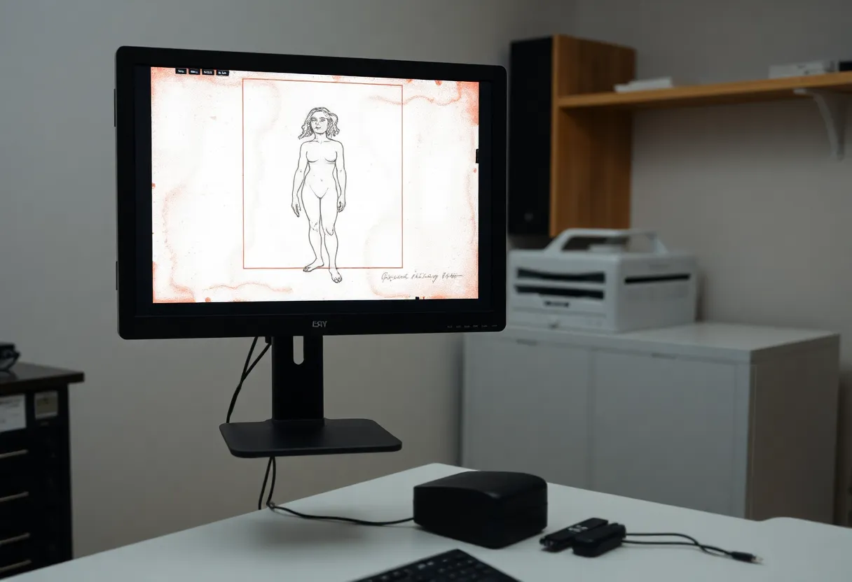 Computer monitor displaying an infrared scan of a painting revealing a hidden underpainting sketch