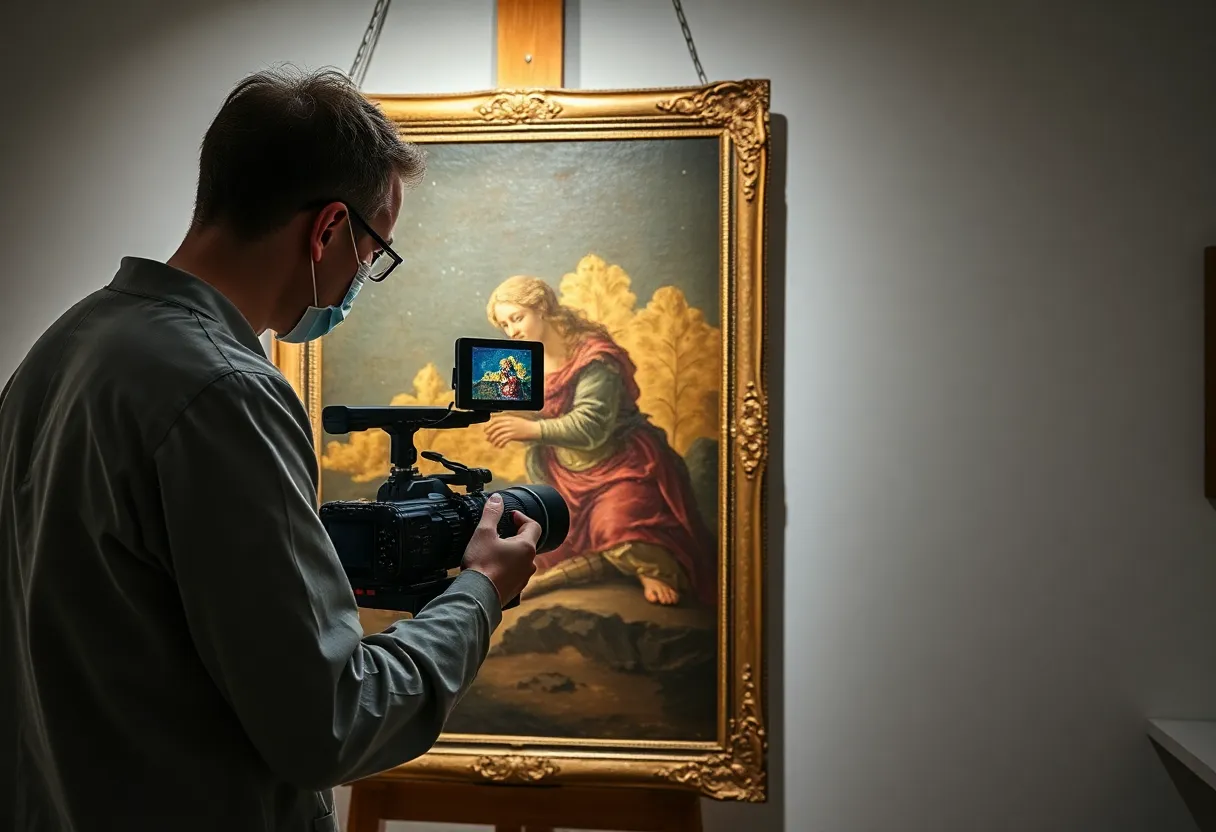 Museum conservator using a multispectral imaging camera rig on an old oil painting