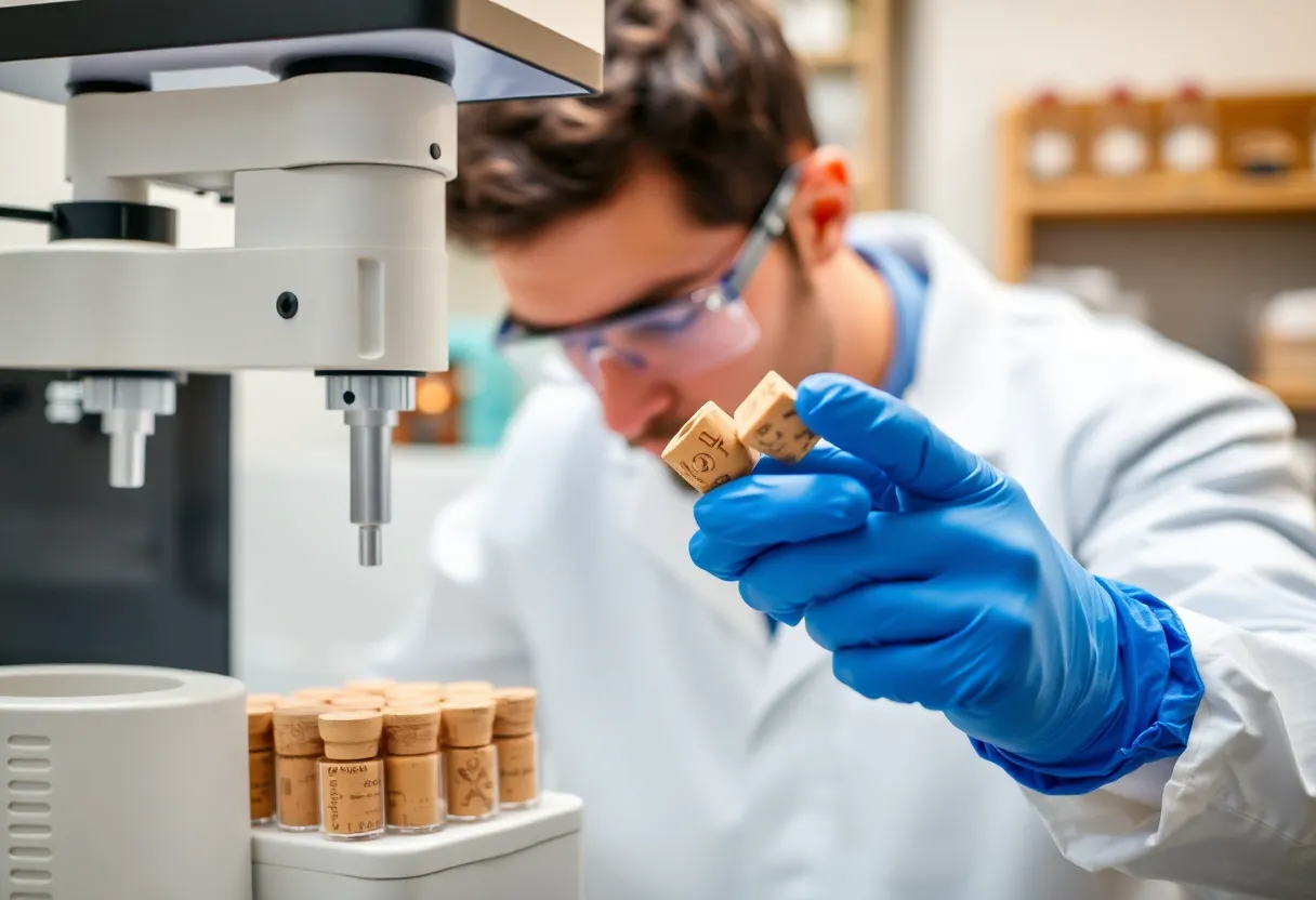 A laboratory technician using gas chromatography equipment to test wine cork samples