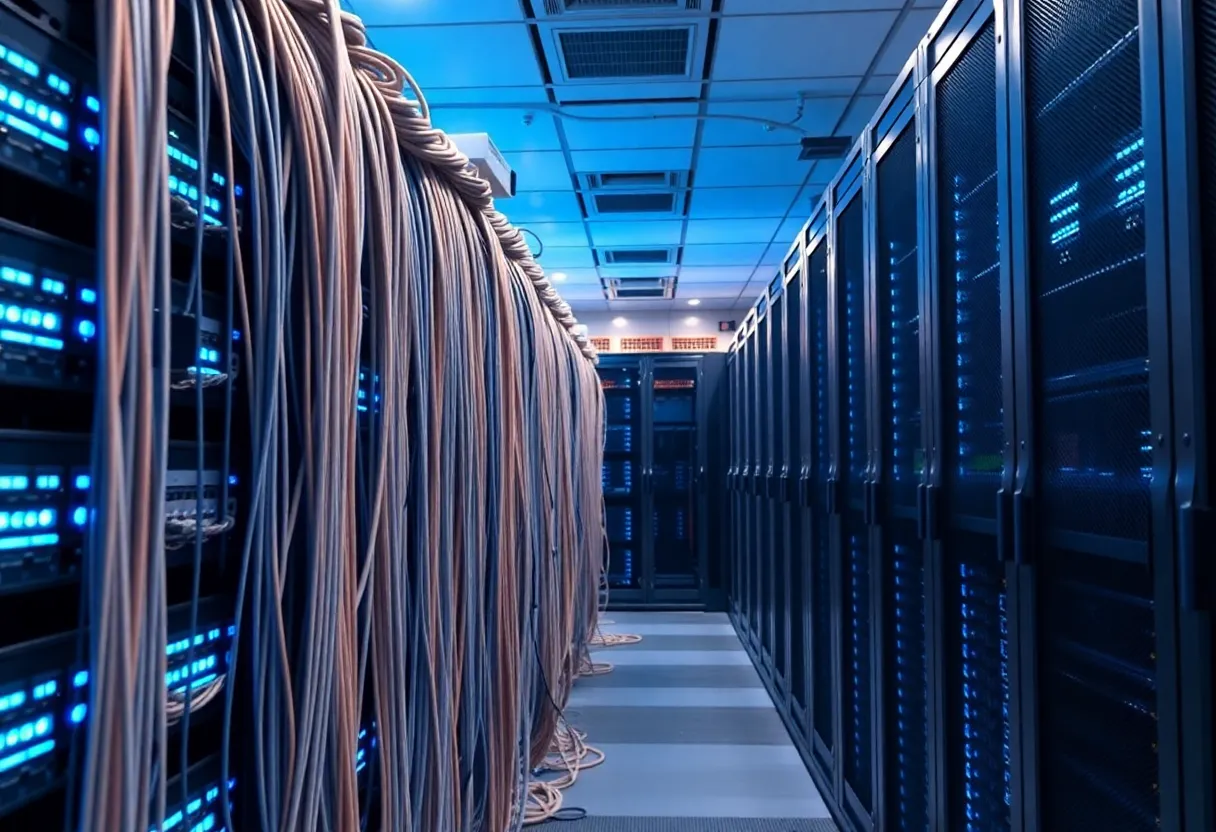 Rows of data center server racks with thick bundles of networking cables and blue LED indicator lights