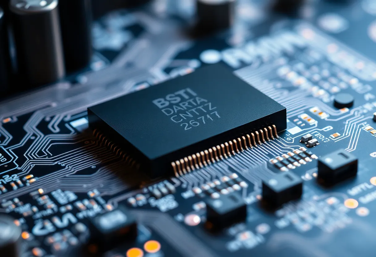 Close-up macro photography of a custom data center networking chip on a circuit board