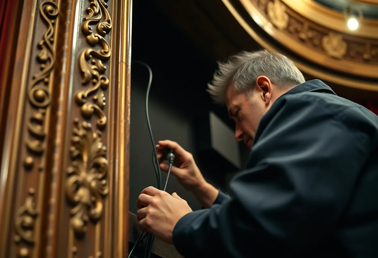 An audio engineer installing speaker wiring behind ornate historic theater molding