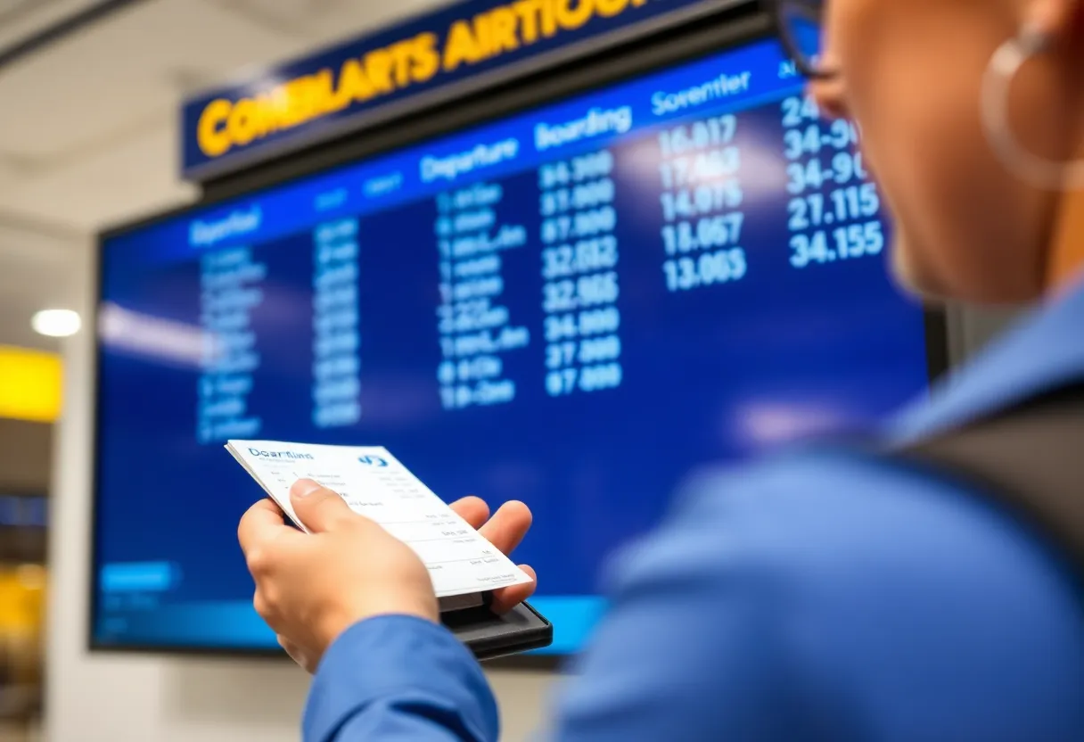 An airline gate agent scanning a boarding pass with departure information displayed