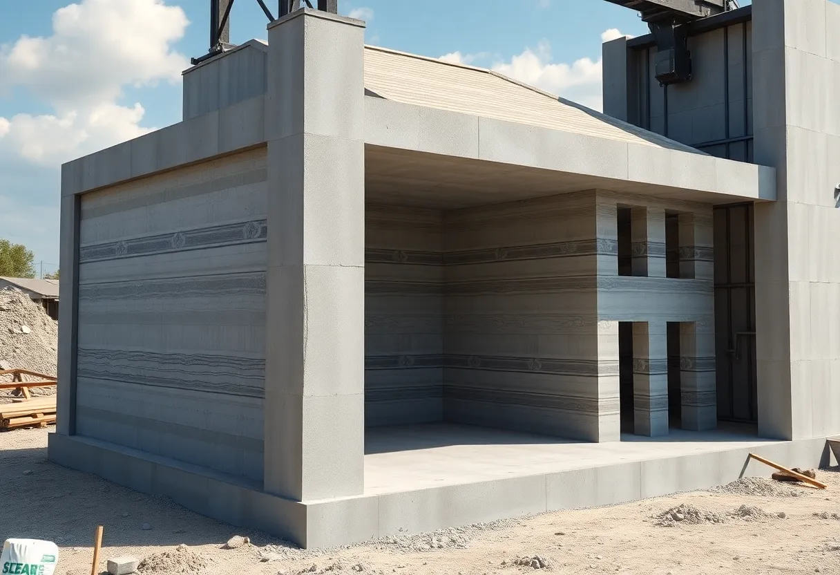Large 3D concrete printer constructing the walls of a house on a construction site