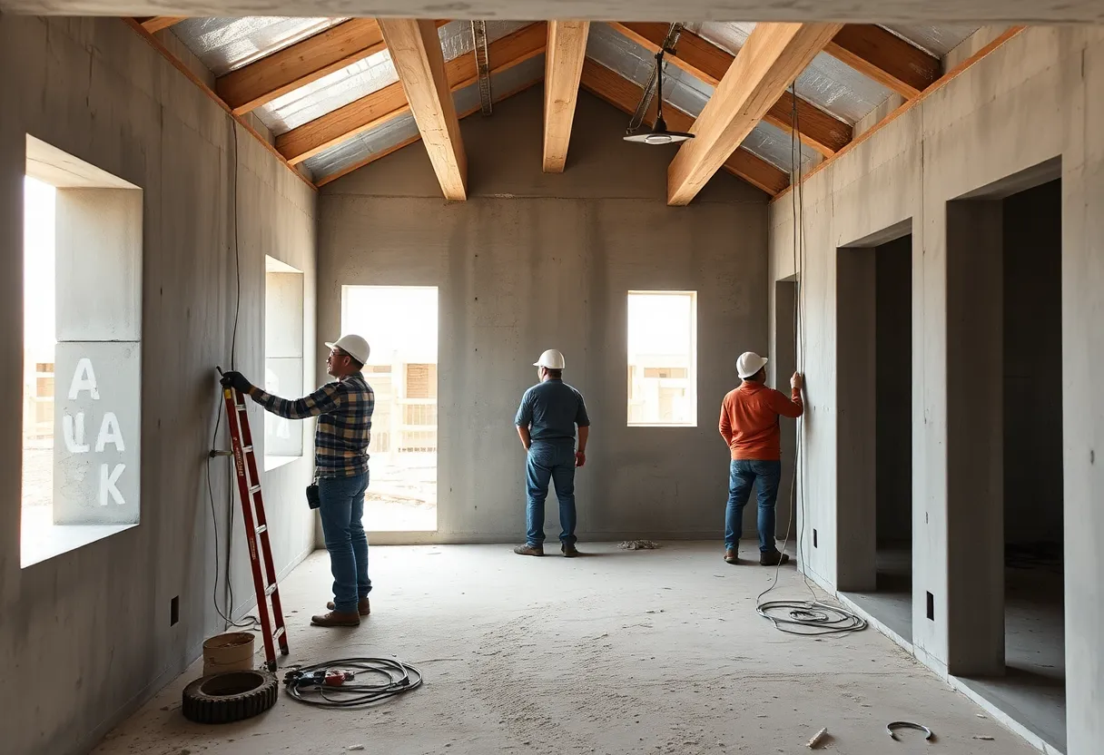 Construction workers installing plumbing and electrical wiring inside a partially built 3D-printed concrete house