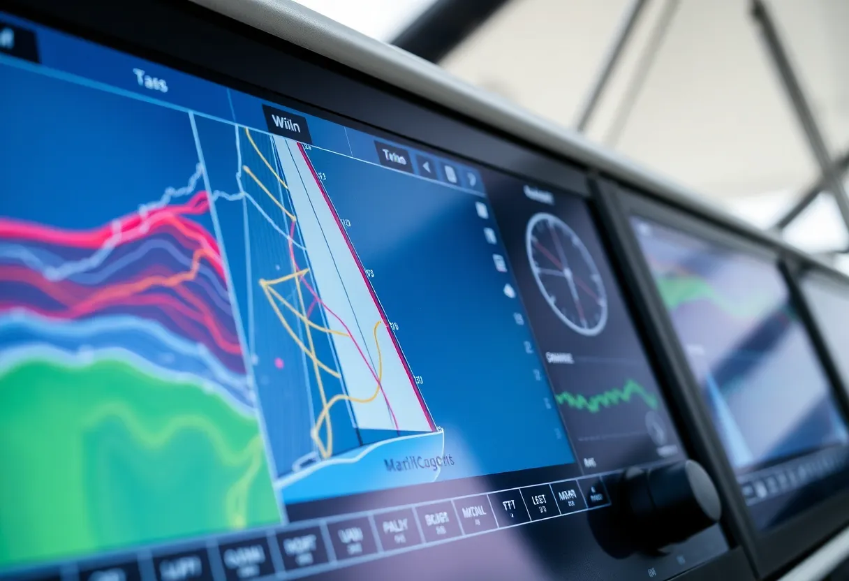 A sailing team's tactical display screen showing wind vector overlays and race course data