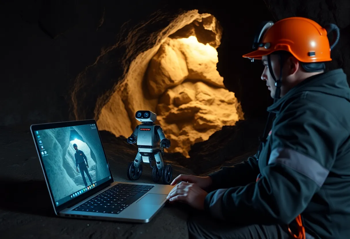 Rescue team operators monitoring a robot camera feed from inside a cave at the cave entrance