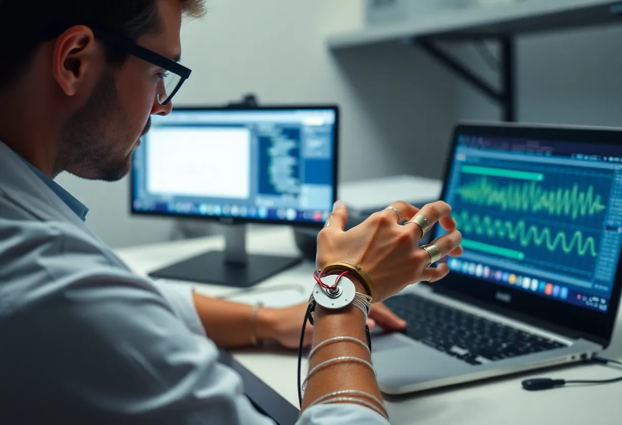 Biomedical engineer testing a prosthetic hand with electrode sensors wired to a laptop