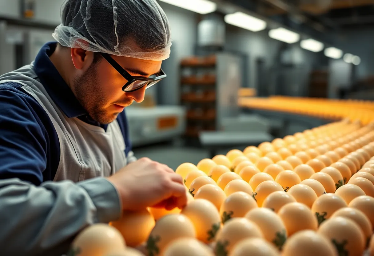 A worker visually inspecting illuminated eggs on a candling line