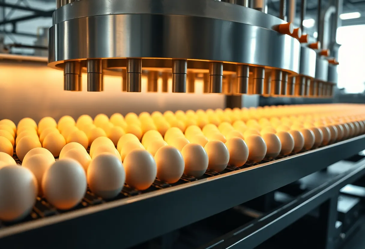 An industrial egg candling machine on a production line with eggs illuminated from below