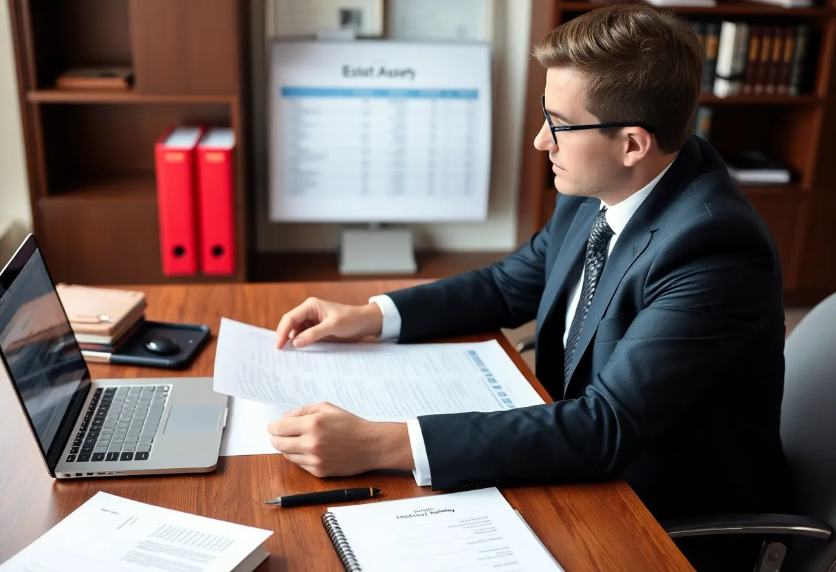 Estate lawyer reviewing documents at a desk with a laptop showing a digital asset inventory