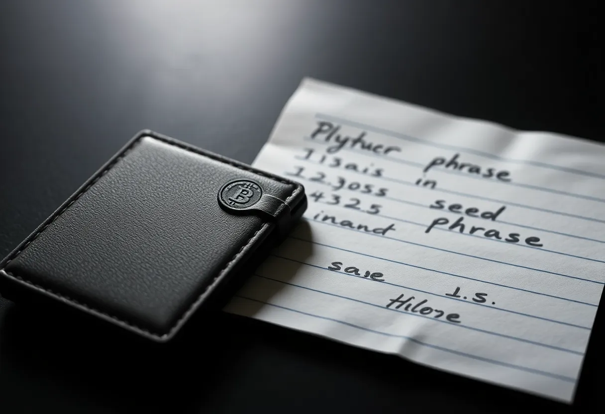 Close-up of a hardware cryptocurrency wallet device and a handwritten seed phrase backup on paper