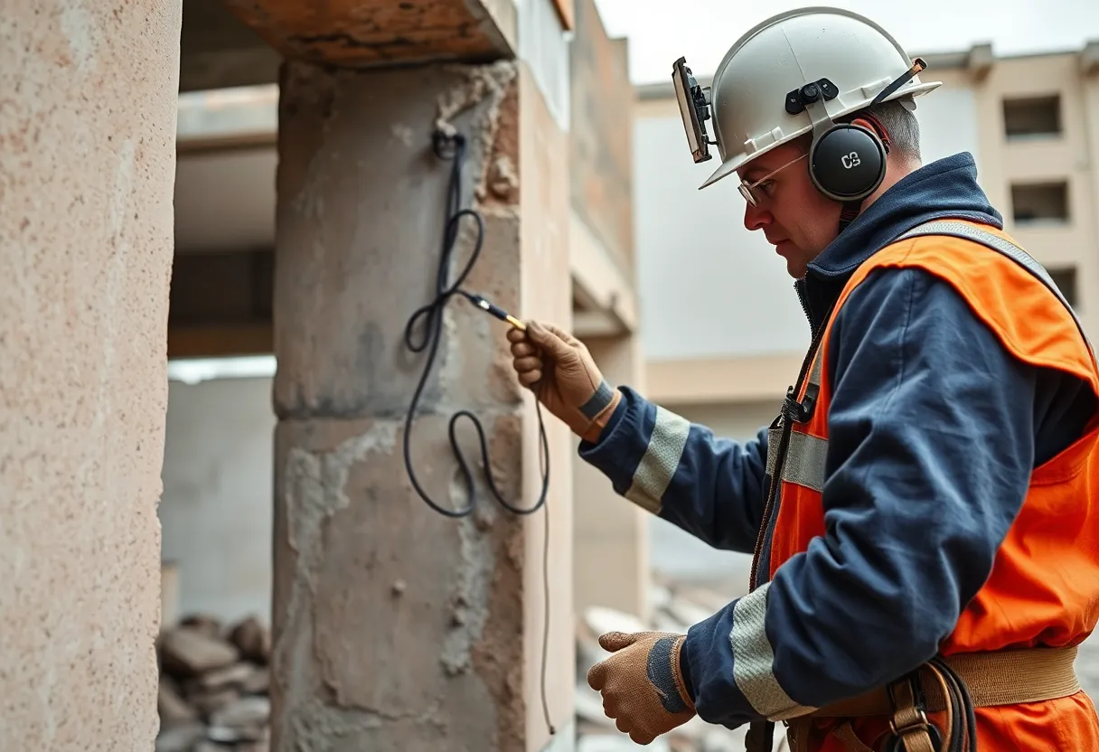 A demolition engineer checking explosive charges wired into building support columns