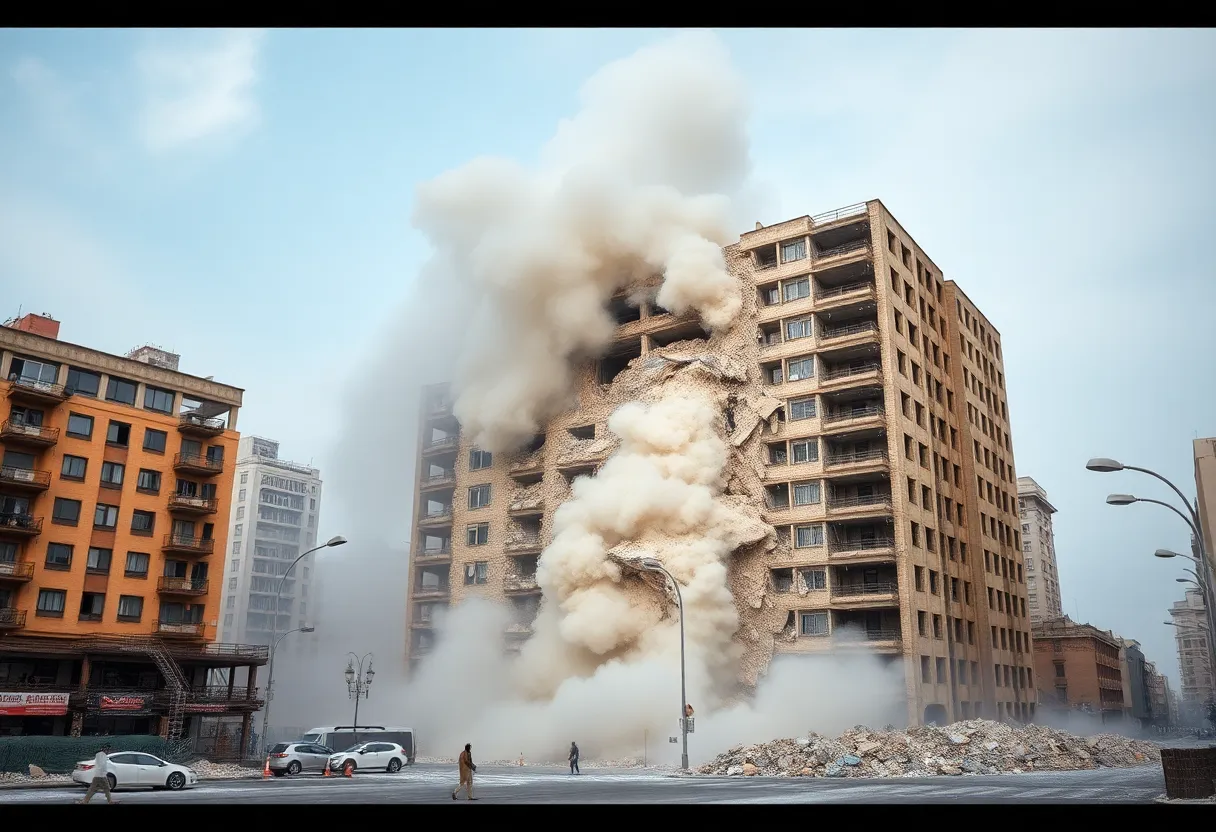 A large building mid-collapse during a controlled demolition with dust cloud rising