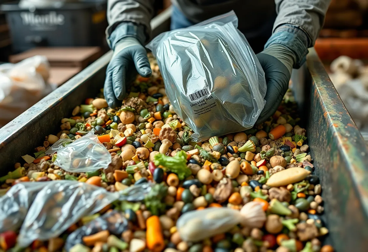 A worker sorting through contaminated compost bin contents on a conveyor belt at a processing facility