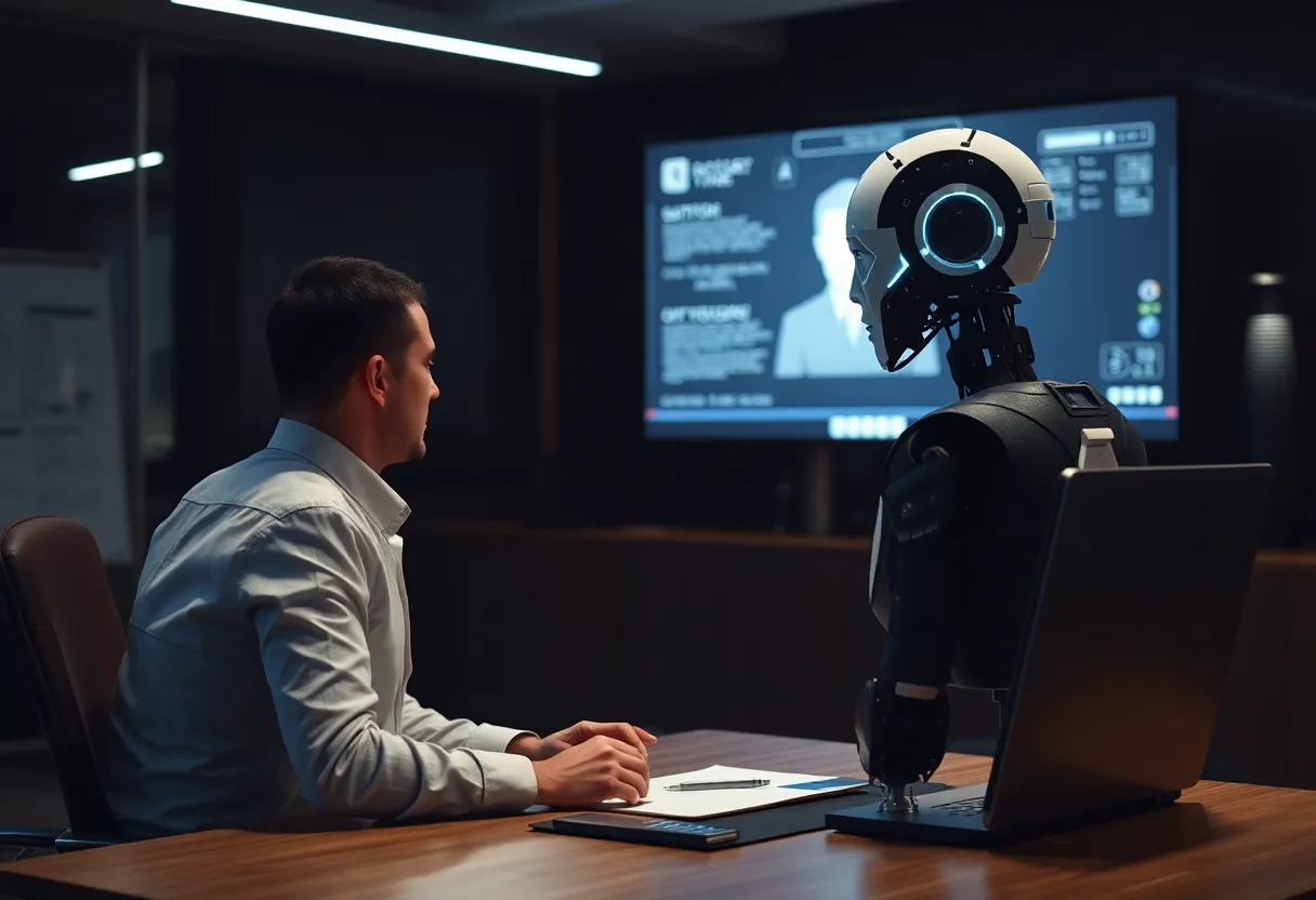 Diverse group of job candidates waiting in a modern office lobby while an AI system reviews applications on a screen above them