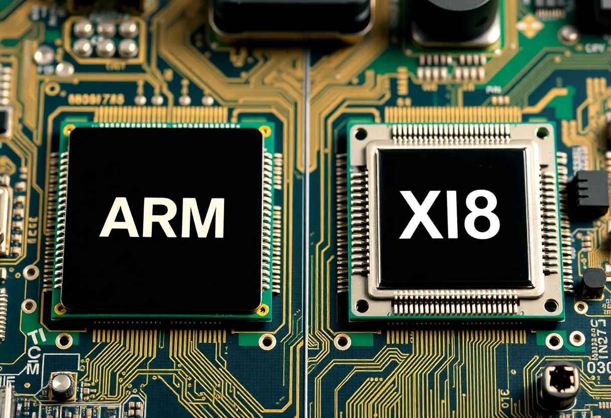 MacBook with Apple M chip logo beside a Windows laptop with Intel processor sticker, ARM vs x86 laptop comparison