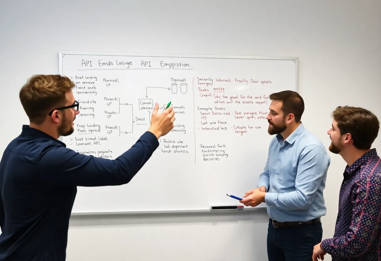 Backend developer designing REST API schema on a laptop, clean JSON response structure displayed, professional coding environment