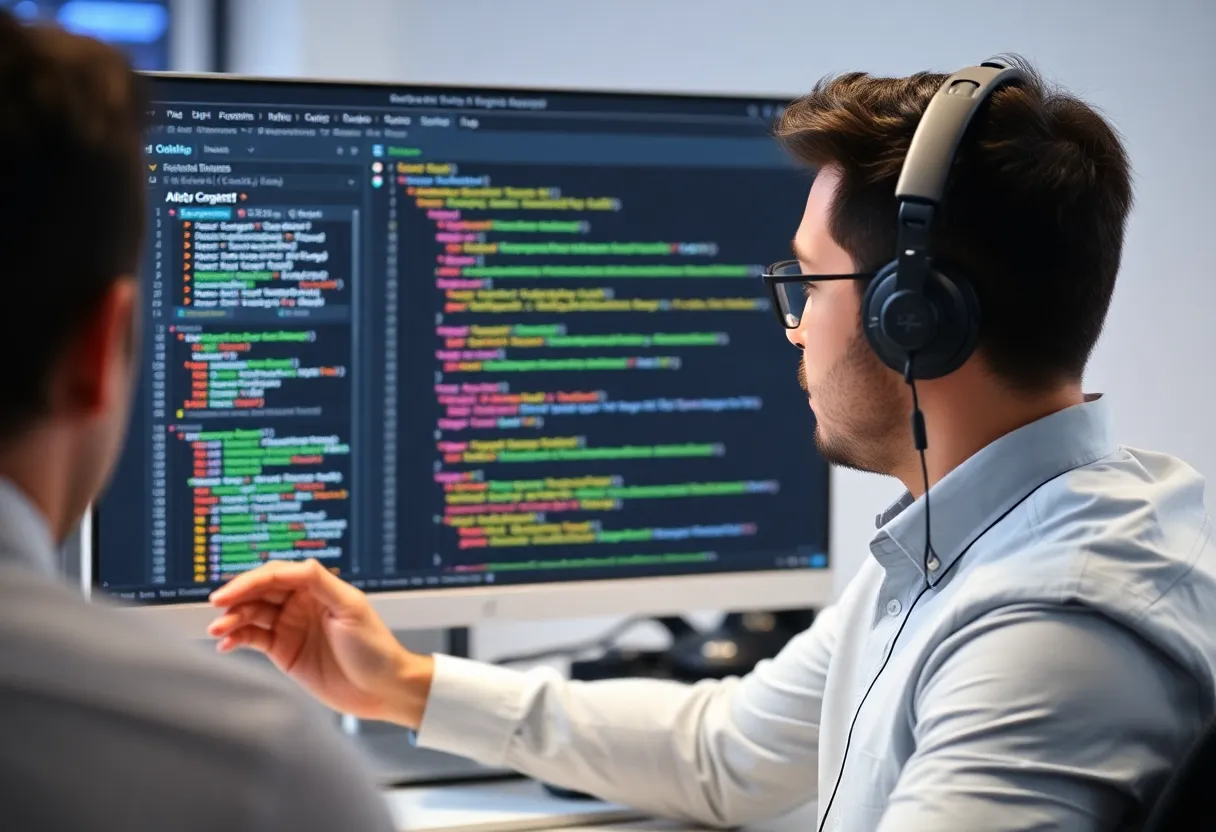 Pair programming session with AI coding assistant suggestions visible on screen, two developers discussing code changes