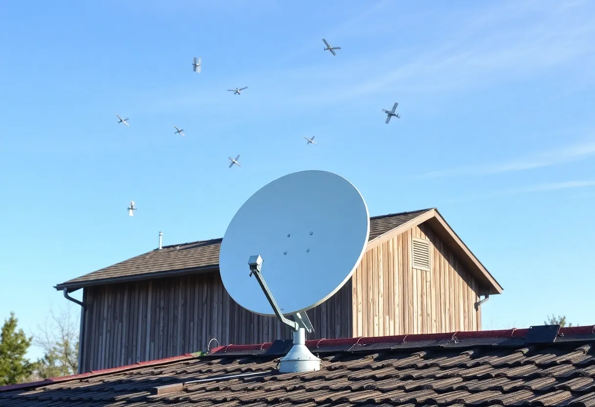 Fiber optic cable glowing with data transmission light compared to a satellite dish on a rooftop, internet infrastructure contrast