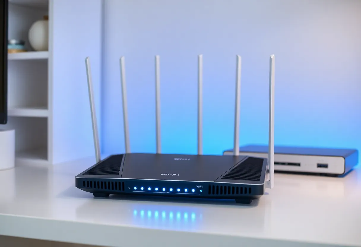 Home network diagram showing multiple devices connected to Wi-Fi 7 router across different bands, smart home connectivity visualization