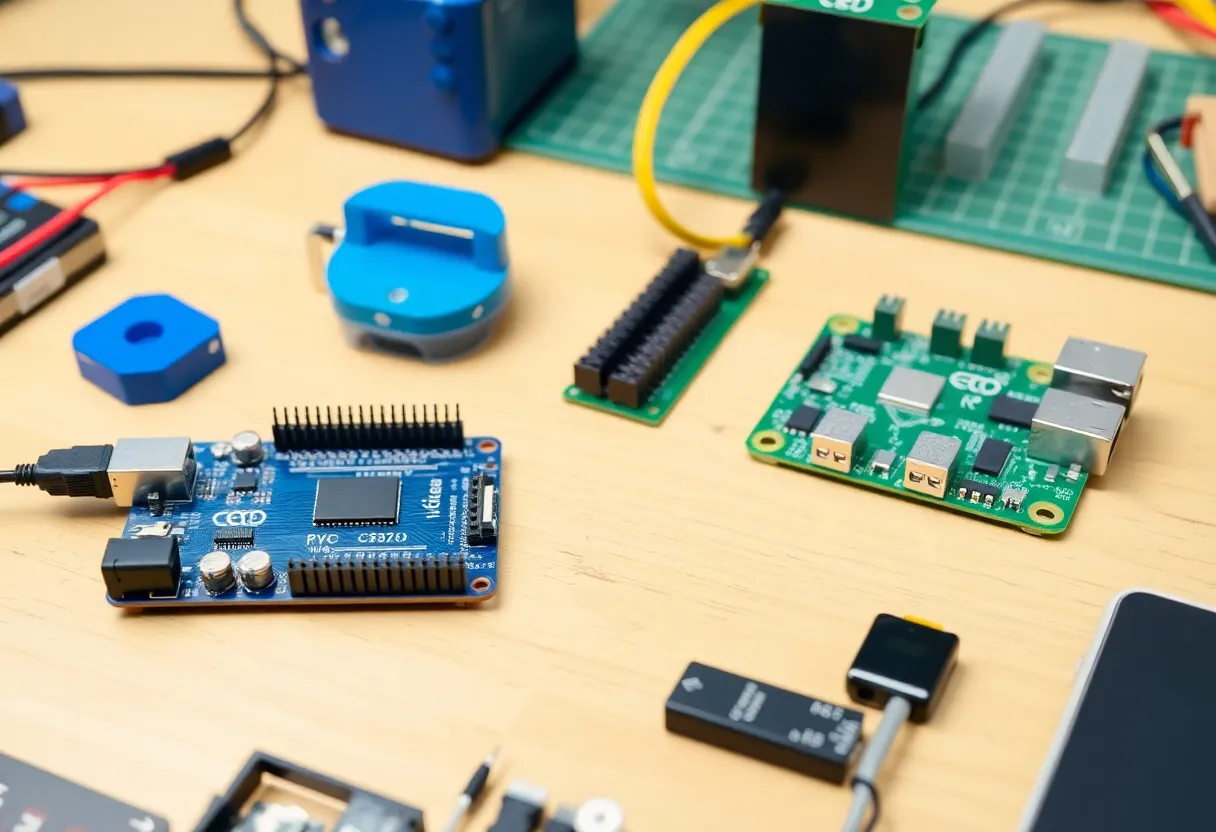 Startup hardware team reviewing Arduino-based prototype circuit for their new product, rapid product development concept