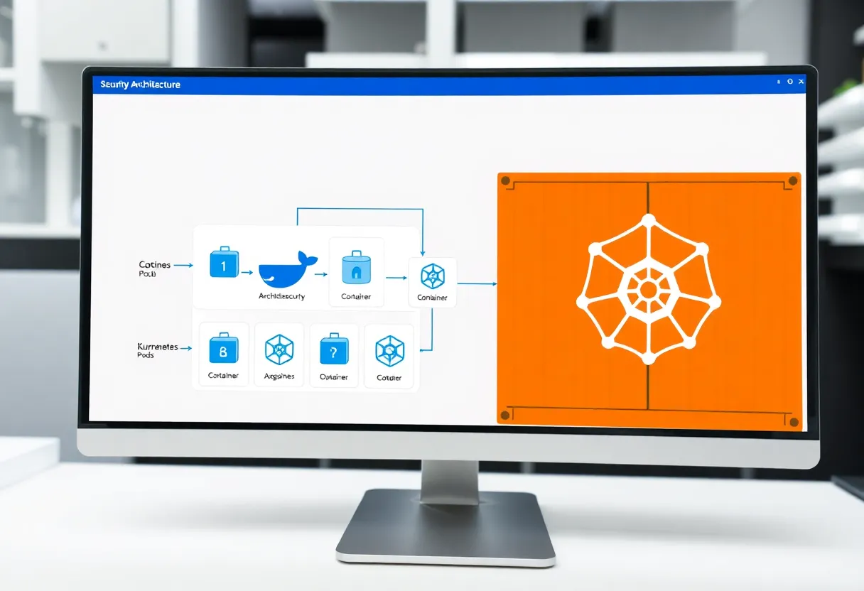 Security analyst reviewing Kubernetes cluster security policies and container runtime configurations on dual monitors
