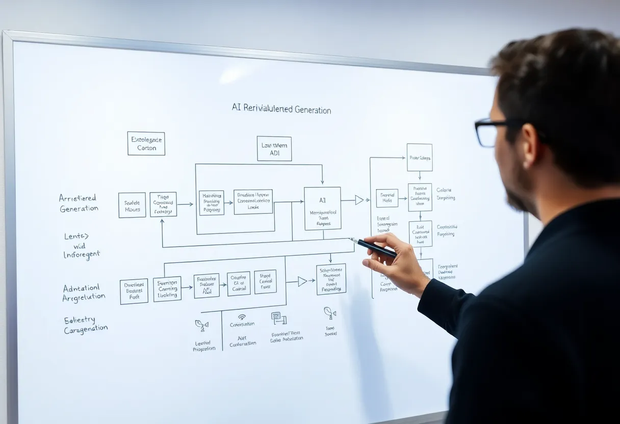 Software engineers reviewing RAG system evaluation metrics and retrieval quality dashboard, measuring precision and recall