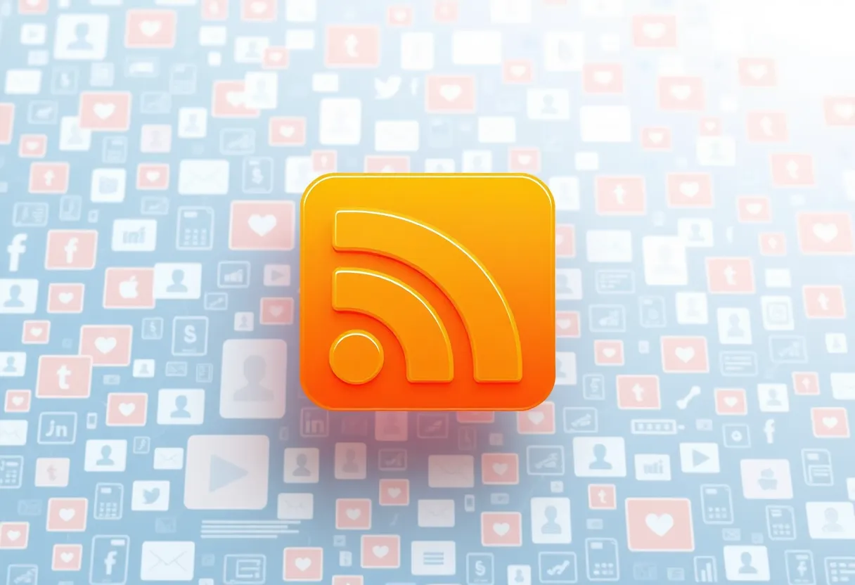 Person reading articles in a clean minimalist RSS feed reader app on a laptop, calm home office setting