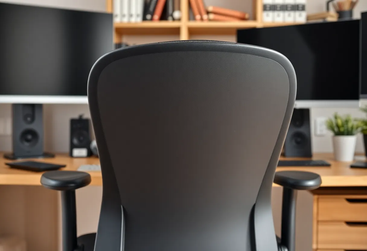 Person adjusting ergonomic chair lumbar support and seat height while working at standing desk setup, proper sitting posture