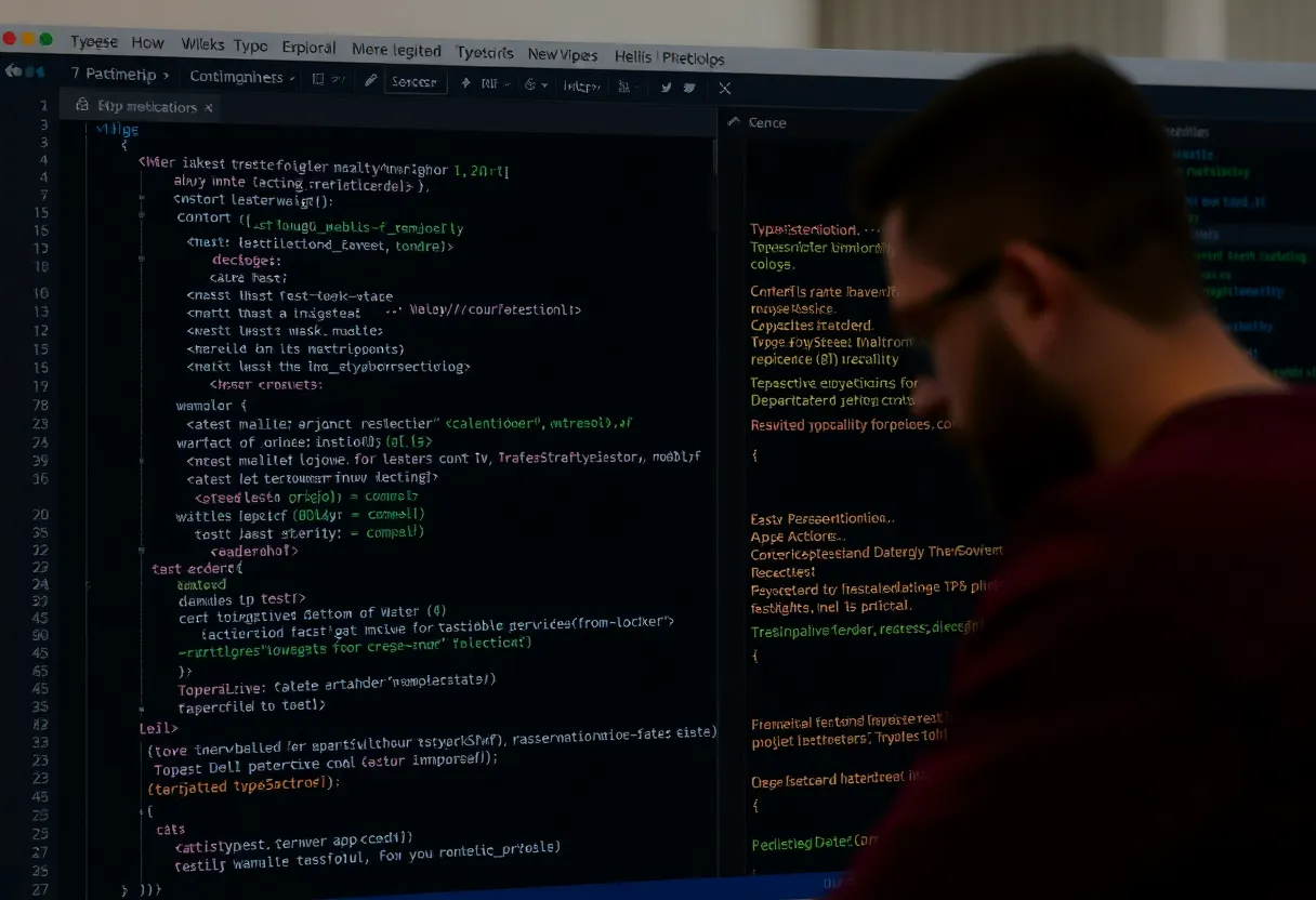 Development team doing code review showing TypeScript type definitions and interface declarations improving team collaboration
