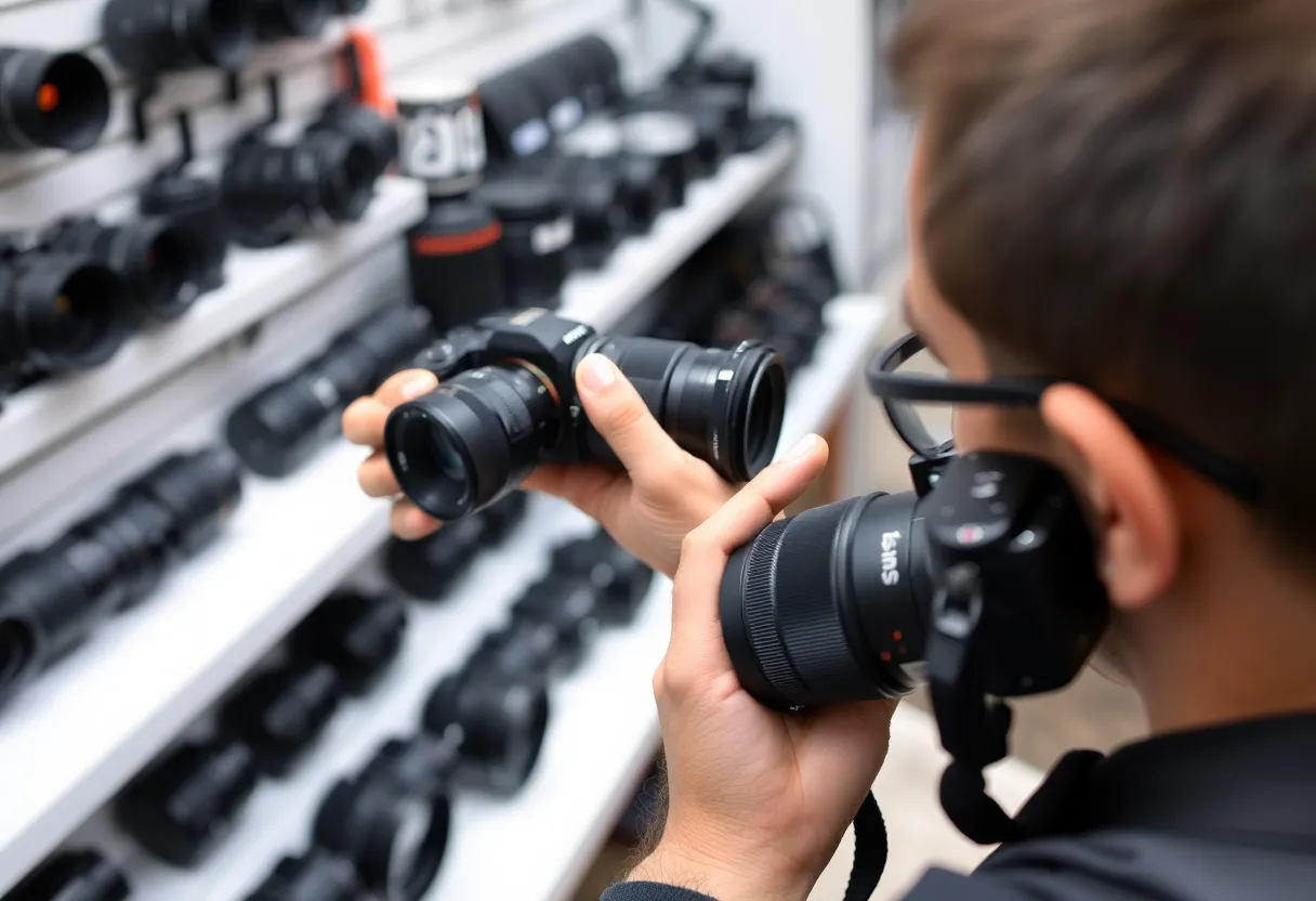Photographer comparing photos taken with different focal length lenses on a laptop, evaluating rental camera gear before purchase