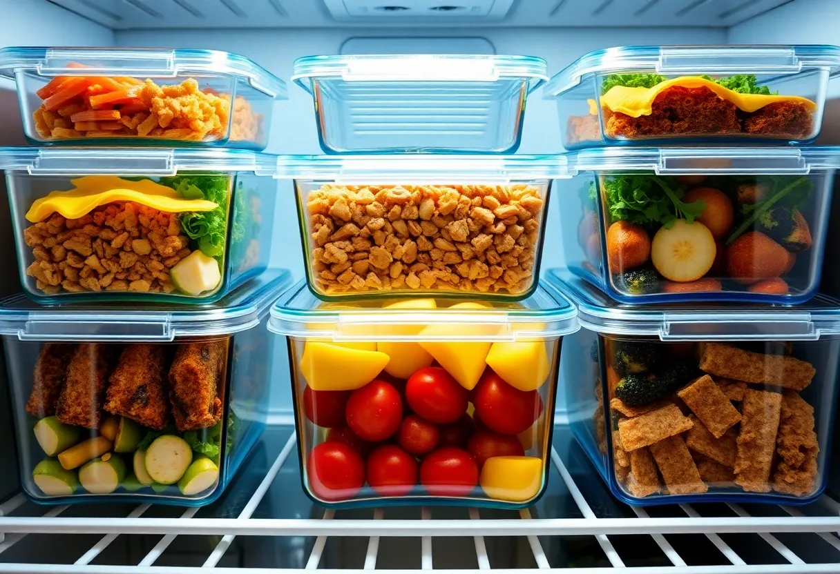 Person cooking a large batch of grains and roasted vegetables for the week in under 45 minutes, realistic meal prep session