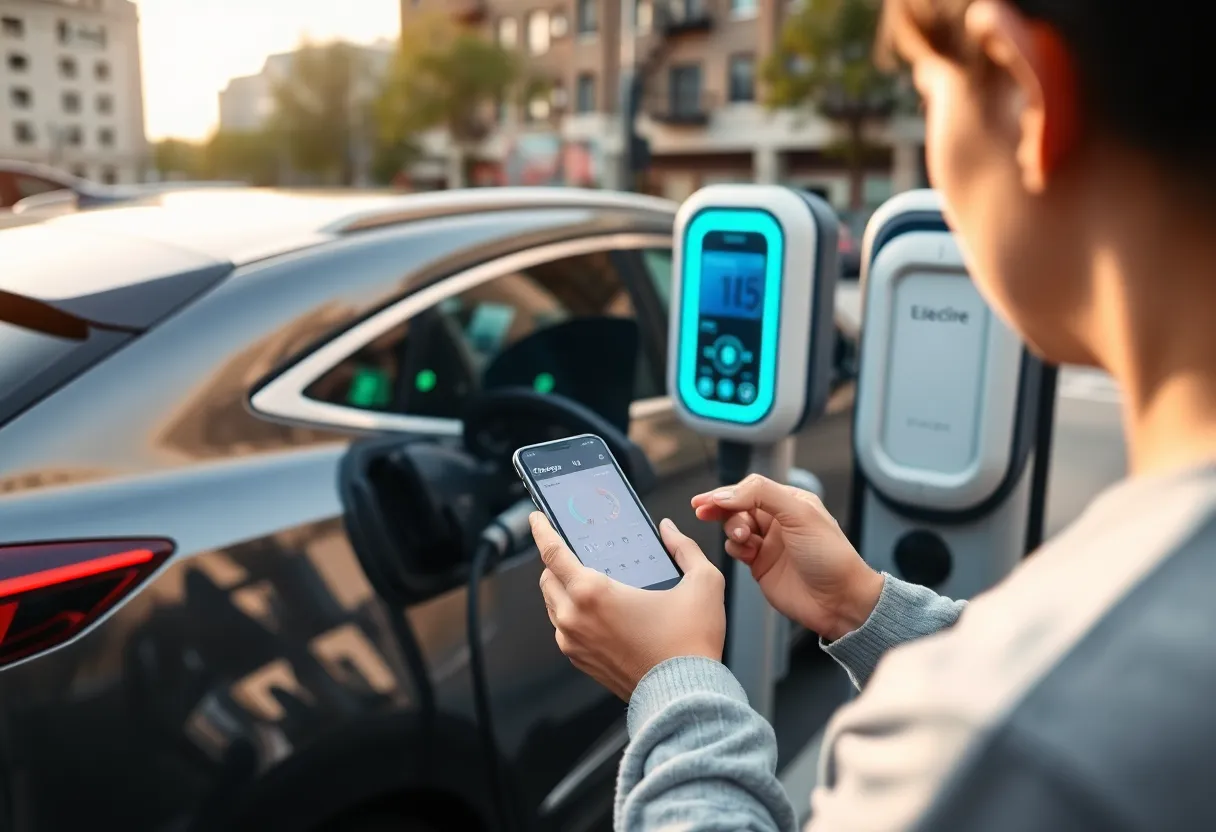 Map view of EV charging stations on a smartphone app showing availability status with pins clustered along a highway route