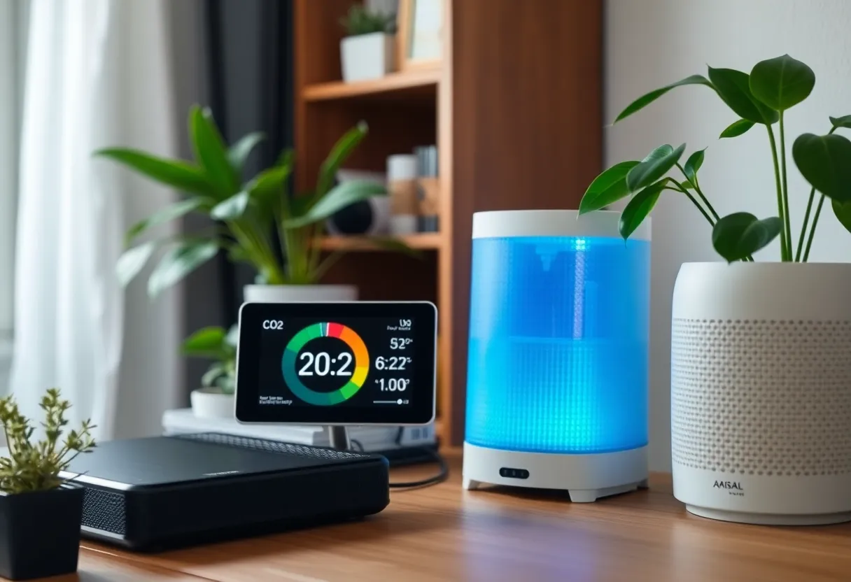 Home office CO2 monitor reading 1400 ppm showing elevated carbon dioxide levels that affect cognitive performance