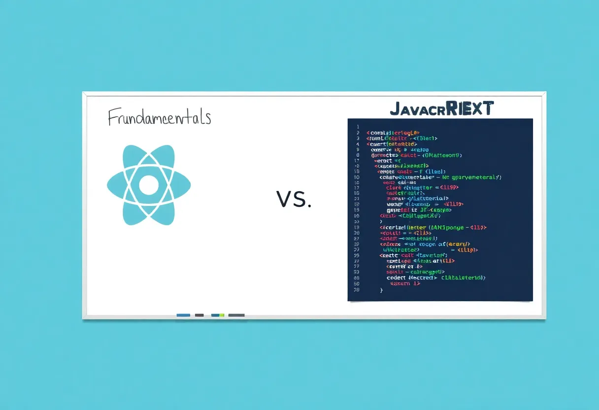 Iceberg diagram showing React framework knowledge as visible tip versus JavaScript fundamentals as the large hidden foundation