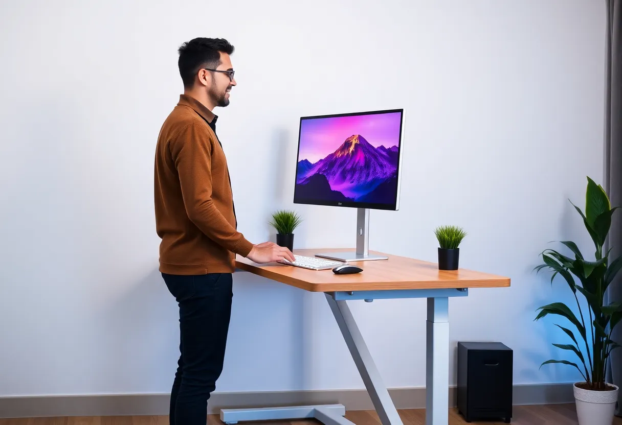 Split screen showing person sitting and standing at adjustable standing desk with timer reminder to switch positions