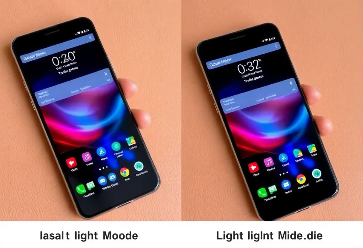 OLED display cross section showing pixel illumination difference between dark mode and light mode, individual pixels lit or off