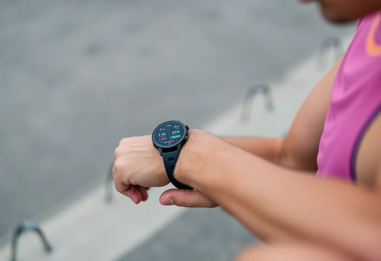 Runner checking pace and heart rate data on GPS watch mid-race showing effect of metrics on athletic performance