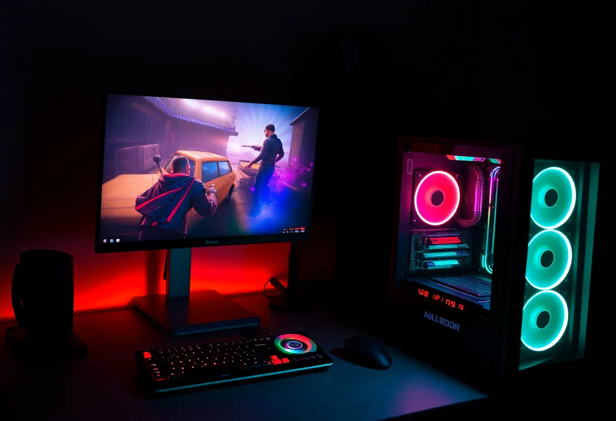 Inside view of budget gaming PC build showing graphics card installation on motherboard with cable management